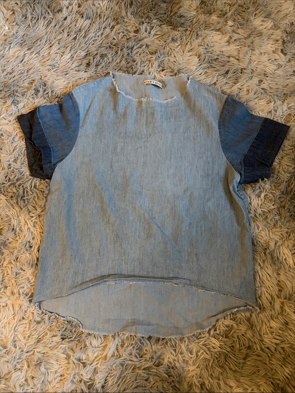 Alice + Olivia Two-Tone Denim Short Sleeve Tee in Light Blue and Dark Blue